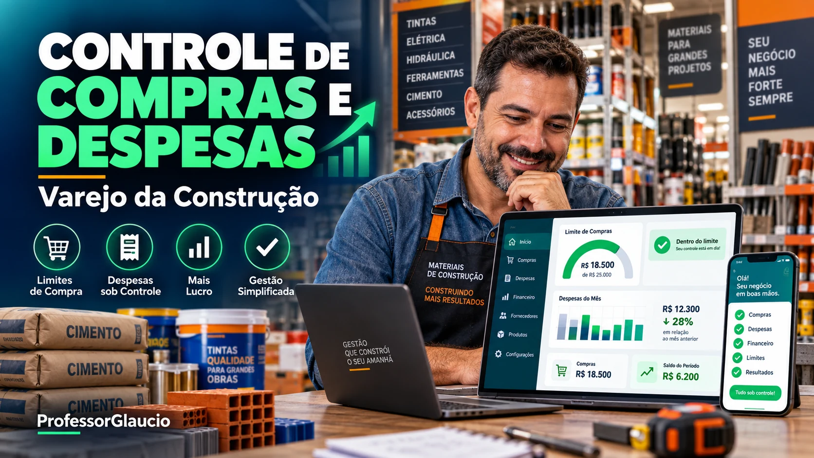 Controle de compras e despesas para o varejo da construção: limites de compra, despesas sob controle e gestão simplificada.