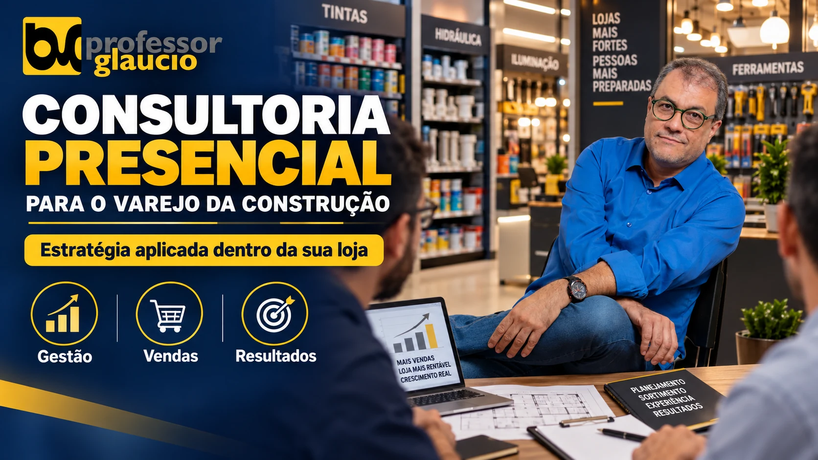 Consultoria presencial ProfessorGlaucio: estratégia aplicada dentro da sua loja, com foco em gestão, vendas e resultados.